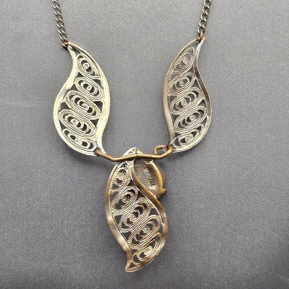 VTG West German Silver Filigree Necklace 16" Blue Glass Stone 1950s - Picture 5 of 13